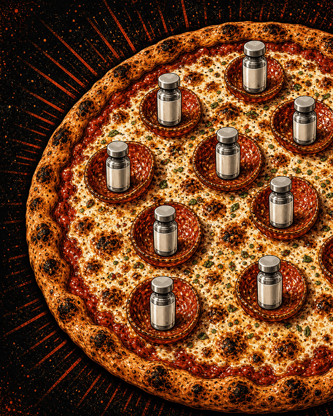 A huge illustrated pepperoni pizza topped with playful silver vials